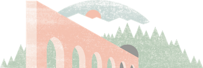 in blassen Farben illustriert, sieht man einen Tunnel der in eine Brücke führt und im Hintergrund eine Berglandschaft mit Bäumen am Tag.